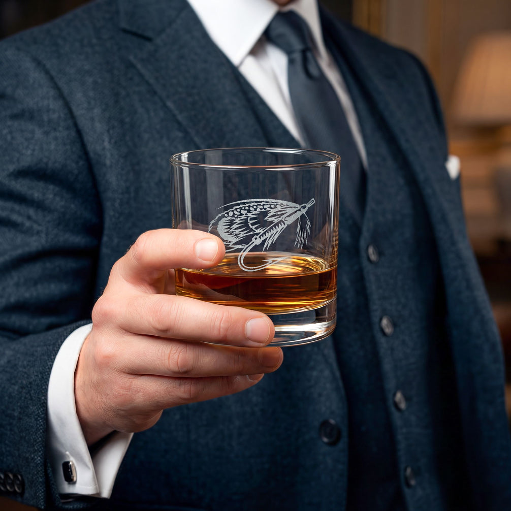 Engraved Whiskey Glass 10.5oz — Fly Fishing Lure Design