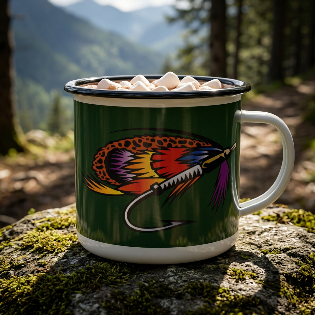 Enamel Camp Cup — Retro Fishing Fly Camper Mug