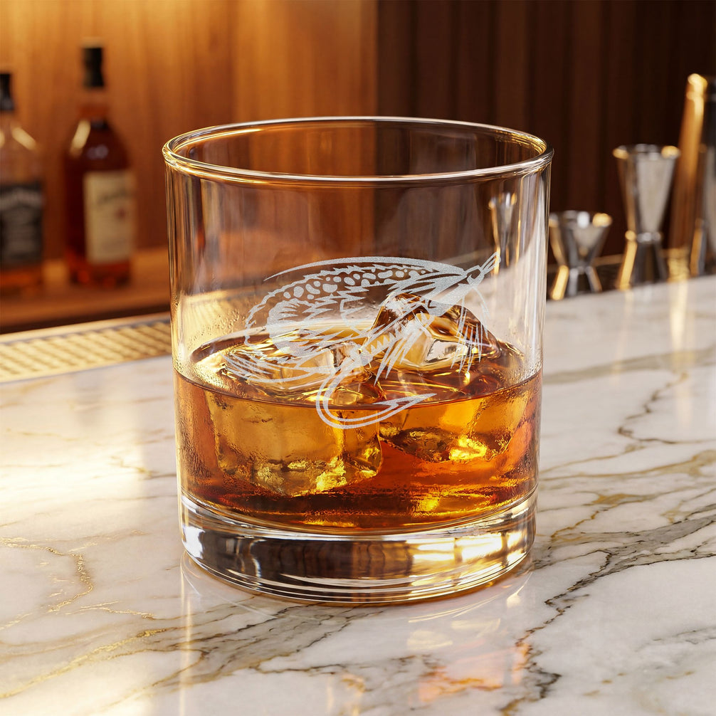 Engraved Whiskey Glass 10.5oz — Fly Fishing Lure Design
